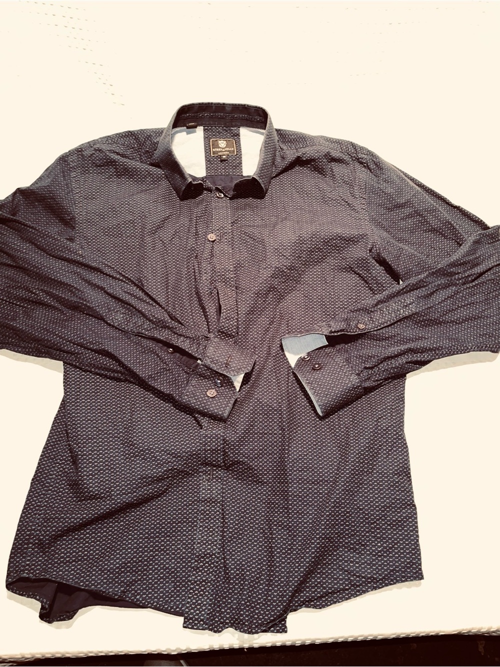 Steel & Jelly London Men’s Medium Navy Blue Geometric Print Button-Up Shirt